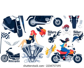 Biker en motocicleta conjunto de ilustraciones vectoriales, colección de elementos de diseño del partido de ciclismo plano de dibujos animados con motociclistas en bicicleta