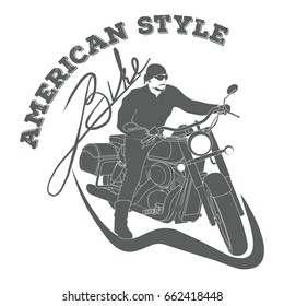 Biker on a motorcycle in vintage style, silhouette, emblem, sign, logo, print. Gray colors. Vector illustration EPS 10.