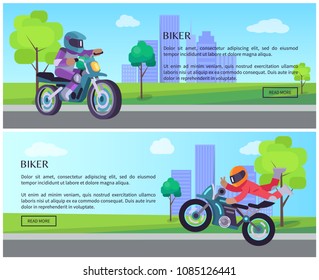 Biker on street motorbike riding on road at background of skyscrapers cityscape, motorized bicycle with man in helmet vector illustration web posters set