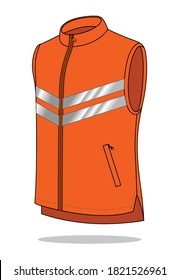 Biker Orange Vest Design With Gray Double Reflective Tapes And Hem Short Front, Long Back Vector.