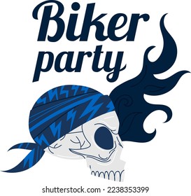 Biker party with skeleton symbol art design, vector illustration. Dead skull vintage emblem, spooky black logo, isolated on white.