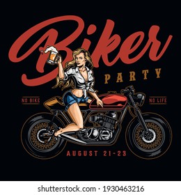Biker party vintage colorful label with pretty woman holding glass of beer and sitting on motorcycle isolated vector illustration