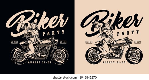 Biker party vintage monochrome label with pretty woman sitting on motorbike and holding beer glass on dark and light backgrounds isolated vector illustration