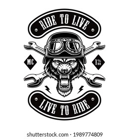 A biker patch with a wolf biker on white background