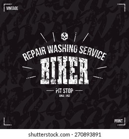 Biker pit stop emblem in retro style and seamless pattern. Graphic design for t-shirt. White print on  black background
