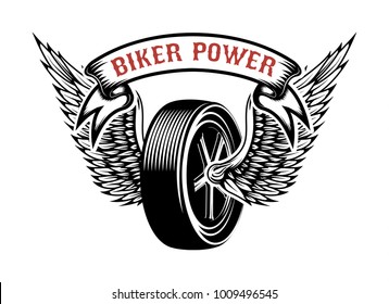 Biker power. Emblem with winged wheel. Design element for logo, label, emblem, sign. Vector illustration