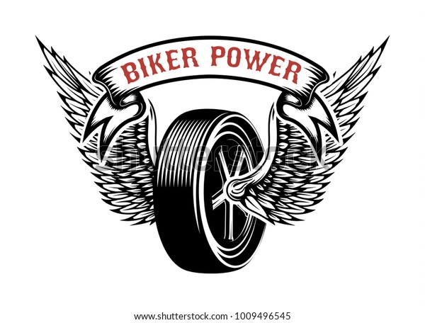 Biker power. Emblem\
with winged wheel. Design element for logo, label, emblem, sign.\
Vector illustration