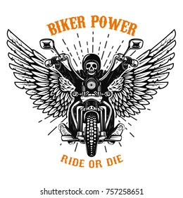 Biker power. Ride or die. Human skull on winged motorcycle. Design elements for poster, emblem, sign, logo, label, emblem. Vector illustration