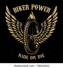 Biker power, Wheel with wings. Design element for logo, label, emblem,sign, badge, t-shirt, poster. Vector illustration