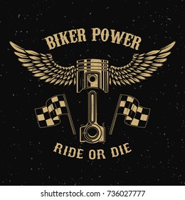 Biker power.Piston with wings on dark background. Design element for logo, label, emblem,sign, badge,, t-shirt, poster. Vector illustration