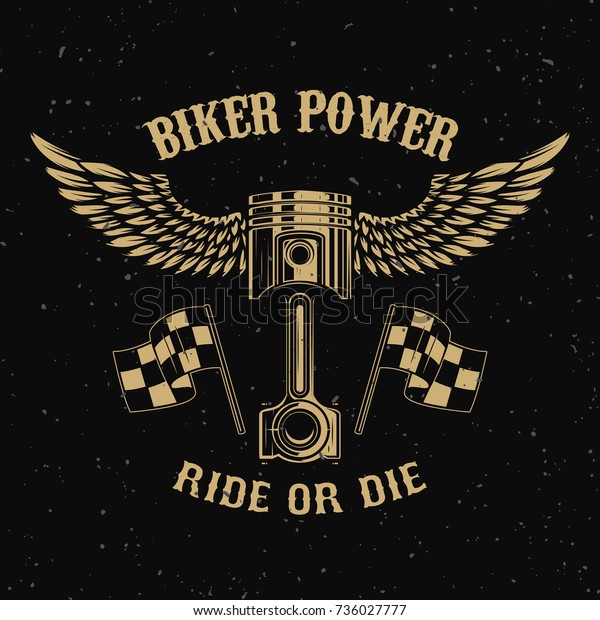 Biker power.Piston with wings on dark\
background. Design element for logo, label, emblem,sign, badge,,\
t-shirt, poster. Vector\
illustration