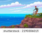 Biker in protective helmet on edge of cliff. Man with bicycle on mountain hill. Hobby of personage active lifestyle concept. Guy tourist admiring sea view, nature landscape. Person traveling by bike
