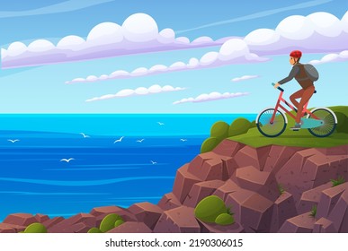 Biker in protective helmet edge cliff  Man and bicycle mountain hill  Hobby personage active lifestyle concept  Guy tourist admiring sea view  nature landscape  Person traveling by bike