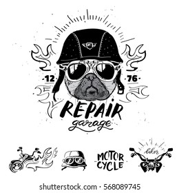 Biker pug dog. Set of vintage motorcycle emblems, labels, badges, logos and design elements. Monochrome style.