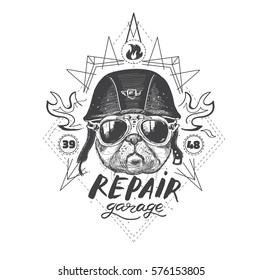 Biker pug dog. Set of vintage motorcycle emblems, labels, badges, logos and design elements. Monochrome style.