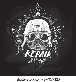 Biker pug dog. Set of vintage motorcycle emblems, labels, badges, logos and design elements. Monochrome style.