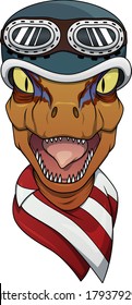 Biker Raptor head with helmet and googles and bandana on neck. Illustration for print on cloths and motor bike clubs and teams. Dinosaur mascot motorcycle rider. Isolated. 