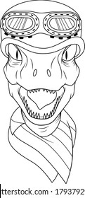 Biker Raptor head with helmet and googles and bandana on neck. Illustration for motor bike clubs and teams. Dinosaur mascot motorcycle rider. Isolated line art for coloring book and pages.