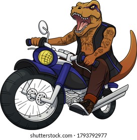 Biker Raptor head with leather jacket on motor bike. Illustration for print on cloths and motor bike clubs and teams. Dinosaur mascot motorcycle rider. Isolated. 