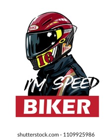 biker in red helmet and jacket with slogan