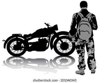 Biker and retro motorcycle on white background