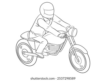 A biker rides a cafe racer motorcycle. Illustration in outline and vector format. 