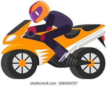 Biker rides motorcycle along city road. Motorcyclist riding vehicle. Male character drives motorbike isolated on white background. Man in racer overalls and helmet sitting on sports bike side view