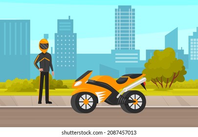 Biker Rides Motorcycle Along City Road. Motorcyclist Riding Vehicle. Male Character Drives Motorbike Isolated On White Background. Man In Racer Overalls And Helmet Sitting On Sports Bike Side View