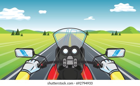 Biker rides a motorcycle on mountain. rear view cartoon vector illustration.