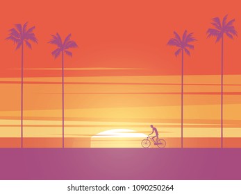 Biker riding bicycle at sunrise or sunset on the beach with palm trees in background. Symbol of active, healthy, sport lifestyle. Eps10 vector illustration.