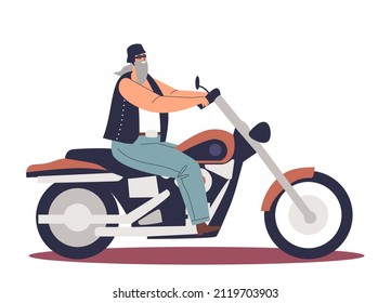 Biker Riding Big Motorcycle. Man Motorcyclist On Motorbike Wearing Leather Clothes. Adult Guy Motor Bike Rider. Cartoon Flat Vector Illustration