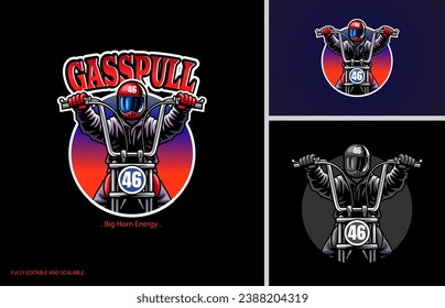 Biker riding chopper motorcycle logo design. usable for motorcycle club. t-shirt design and poster. vector illustration