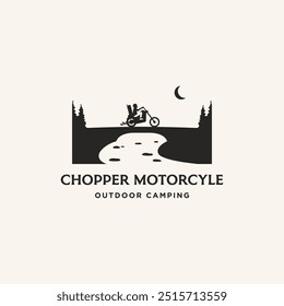 Biker riding chopper motorcycle on country road outdoor logo vector illustration. Motorcycle road trip camping logo