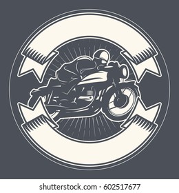 Biker riding a motorcycle. Bikers event or festival emblem with space for text. Motorcycle label t-shirt design. Vector illustration.