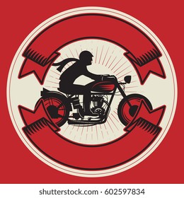 Biker riding a motorcycle. Bikers event or festival emblem with space for text. Motorcycle label t-shirt design. Vector illustration.