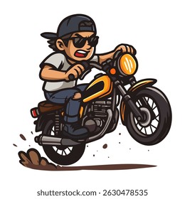 Biker Riding Motorcycle. A cartoon character with a cape rides a yellow motorcycle