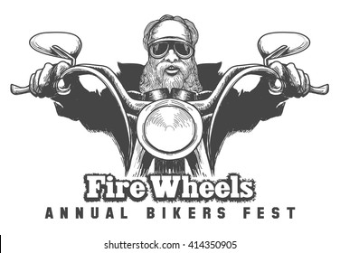 Biker Riding A Motorcycle Drawn In Hand Made Style. Bikers Event Or Festival Emblem. Free Font Used.