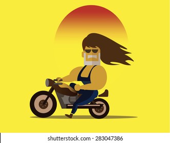  Biker riding motorcycle. flat character design. vector illustration