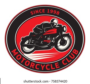Biker riding a motorcycle label or stamp with text Motorcycle Club. Bikers event or festival emblem. Vector illustration