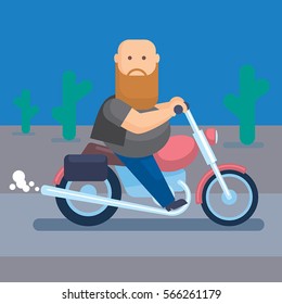 Biker riding motorcycle on an empty road. Vector flat illustration.