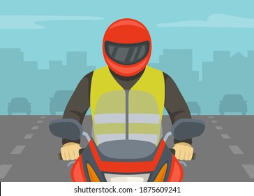 Biker riding motorcycle on the highway. Close-up view of motorcycle rider wearing safety vest. Flat vector illustration template.