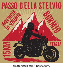 Biker riding a motorcycle, poster with road name - Passo Della Stelvio, Italia, Bromio. Bikers event or festival emblem. Vector illustration