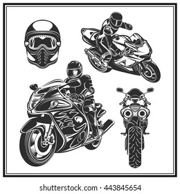 Biker riding a motorcycle set monochrome vector illustration