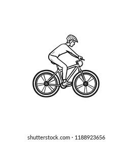 Biker riding mountain bike hand drawn outline doodle icon. Bicycle competitions, bike cycling concept. Vector sketch illustration for print, web, mobile and infographics on white background.