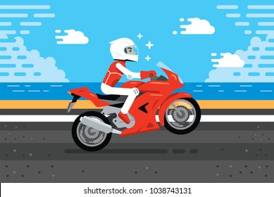 biker riding a powerful motorbike in street with a beach sea background.
100% vector layered