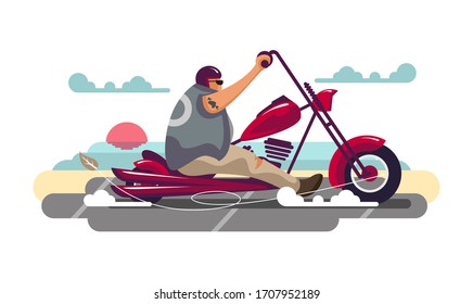 Biker riding red motorcycle with beach and sunset bacground flat illustration. Motorcycle club poster, service, banner and web banner design. Scalable and editable vector. - Shutterstock ID 1707952189