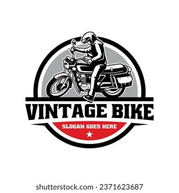 Biker riding retro motorcycle logo vector