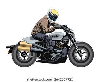 Biker riding vintage motorcycle side view, illustration design.
