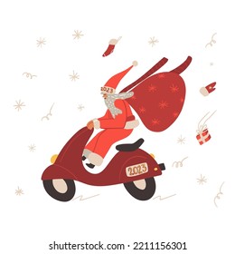 Biker Santa Claus driving crazy on his red retro scooter with a wind-blown scarf and jumping gifts bag. Funny Christmas, New Year character. Vector isolated flat illustration.