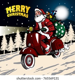 Biker Santa riding a vintage scooter